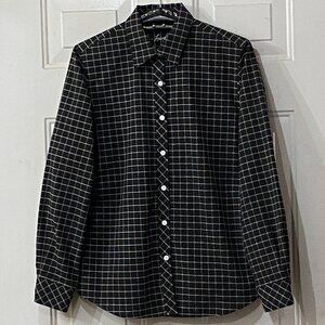 NEW Foxcroft Wrinkle Free Sz M Blouse Shirt  Black/White Stitched Check